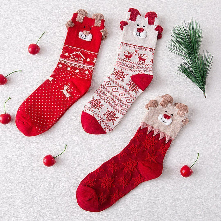 Christmas Cartoon Jacquard Cotton Women's Socks, 3 Sets - MekMart