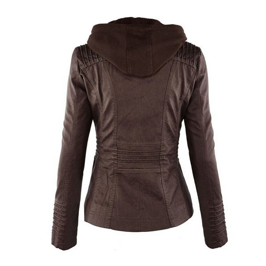 Womens Hooded Faux Leather Jacket Quilted Zip Up Jacket