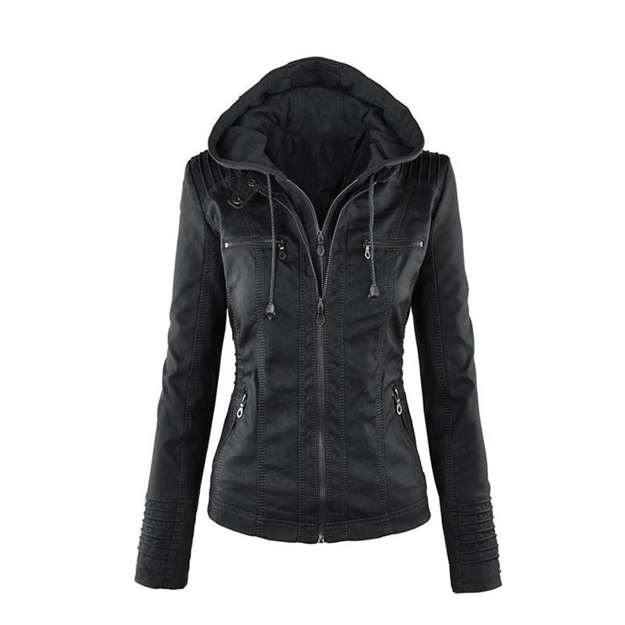 Womens Hooded Faux Leather Jacket Quilted Zip Up Jacket