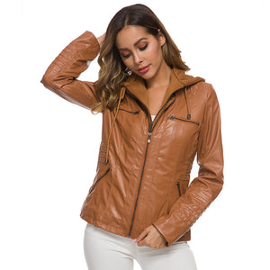 Womens Hooded Faux Leather Jacket Quilted Zip Up Jacket