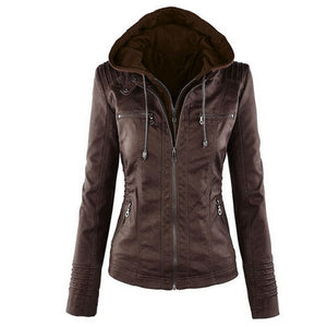 Womens Hooded Faux Leather Jacket Quilted Zip Up Jacket