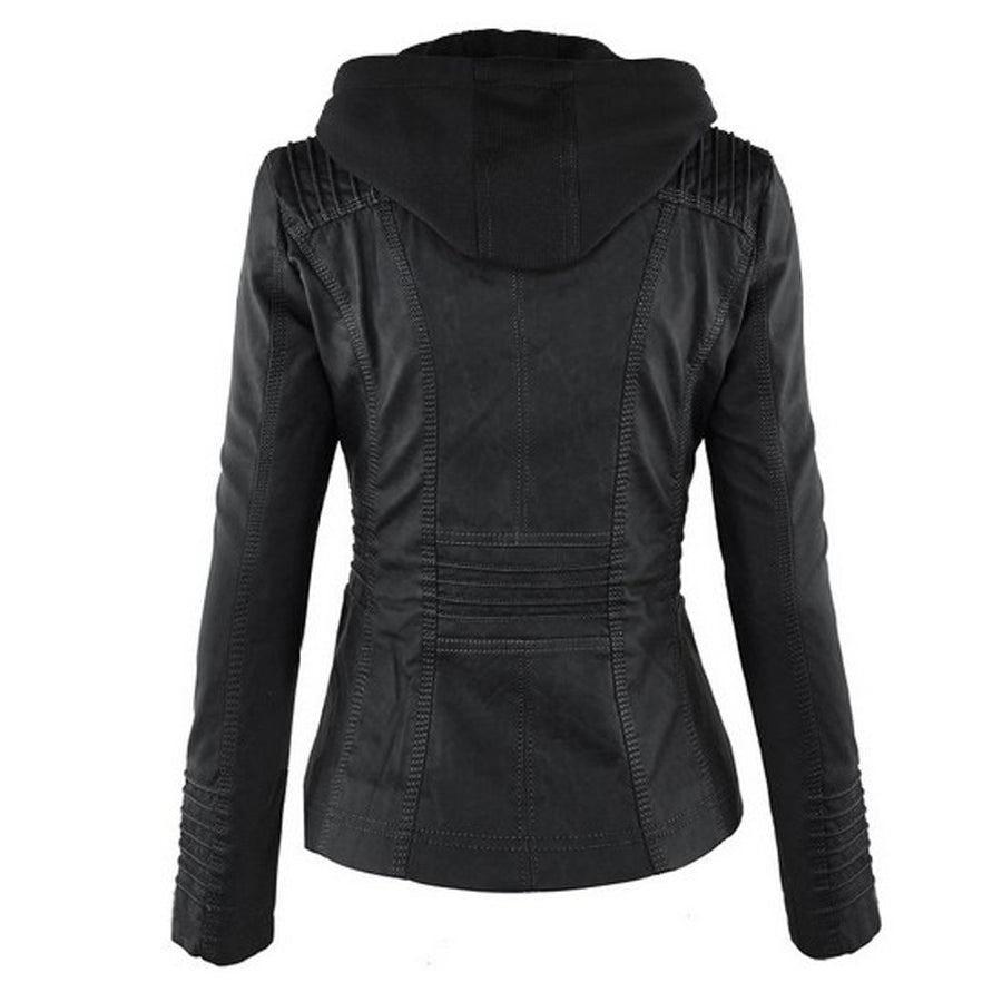 Womens Hooded Faux Leather Jacket Quilted Zip Up Jacket