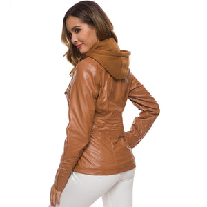 Womens Hooded Faux Leather Jacket Quilted Zip Up Jacket