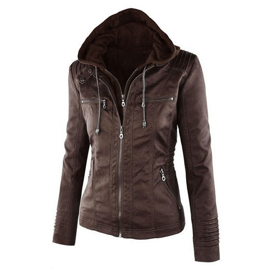 Womens Hooded Faux Leather Jacket Quilted Zip Up Jacket