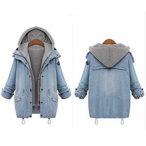 Women Jacket 2 in 1 Hoodie Denim Warm Coat Long Sleeves