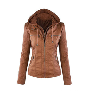 Womens Hooded Faux Leather Jacket Quilted Zip Up Jacket