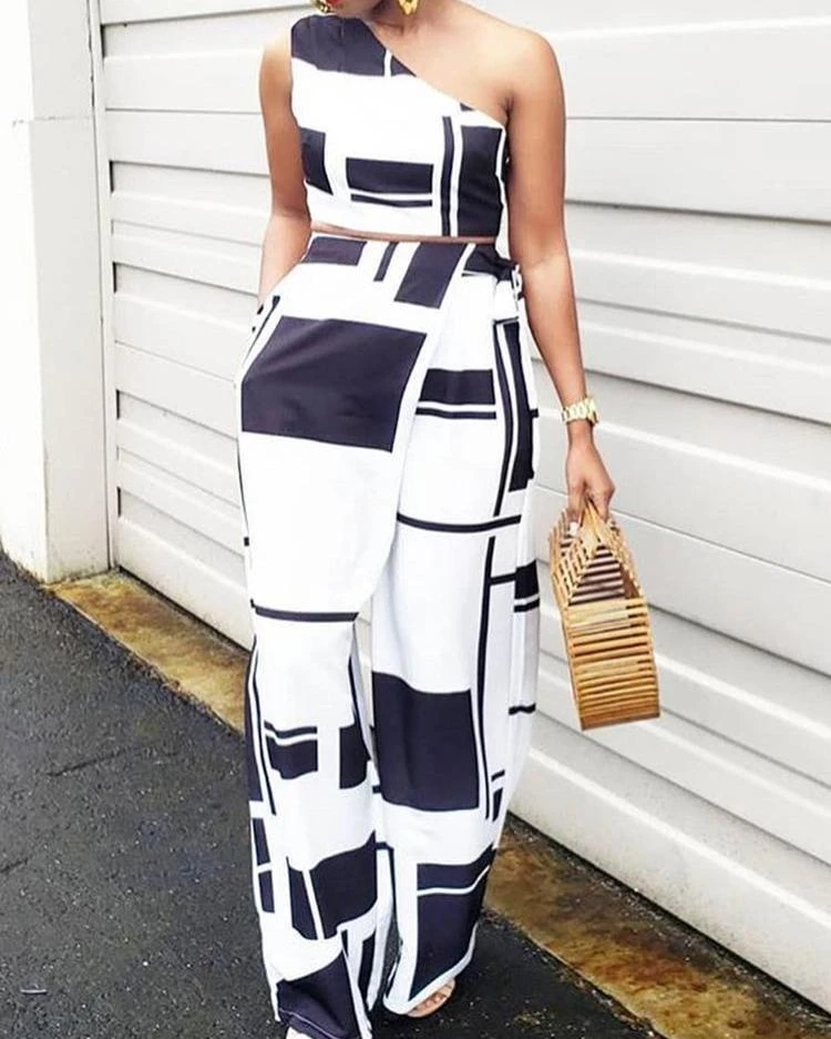 Colorblock One Shoulder Cropped Wide Pants Set