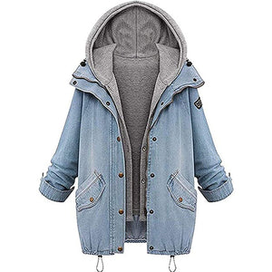 Women Jacket 2 in 1 Hoodie Denim Warm Coat Long Sleeves