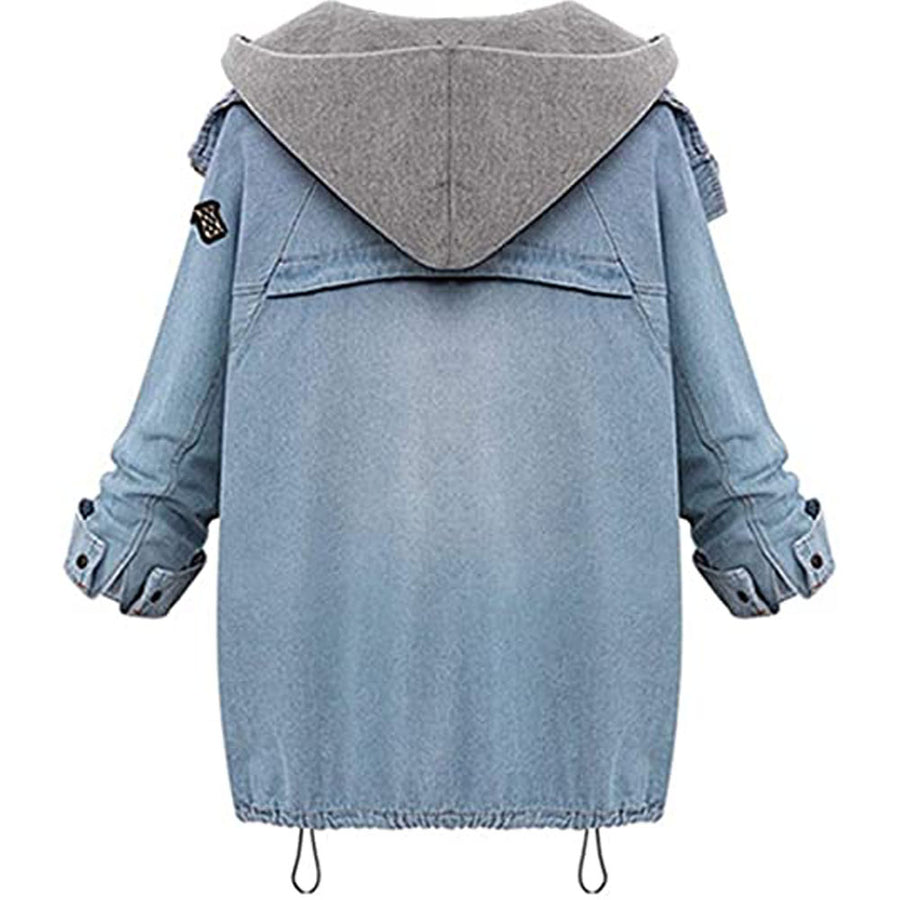 Women Jacket 2 in 1 Hoodie Denim Warm Coat Long Sleeves