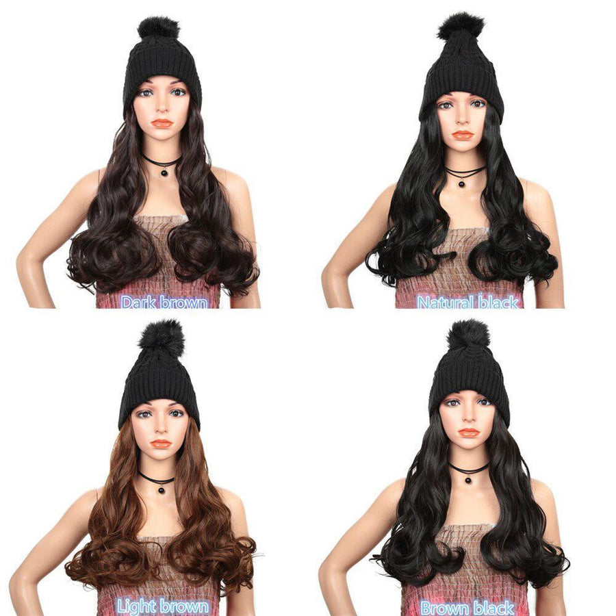 2 in 1 Long Curly Synthetic Hair Wig with Beanies - MekMart